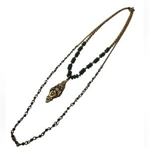 Long Green Beads & Brass Double Chain Necklace with Flower Pendant